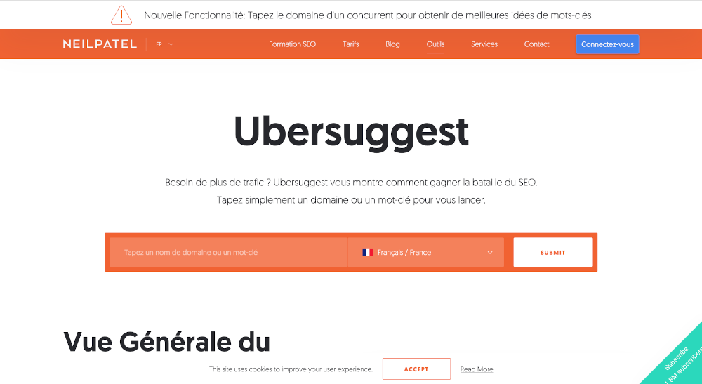 Ubersuggest Homepage Requête Mots Clés Keywords Outils Seo Référencement Immobilier