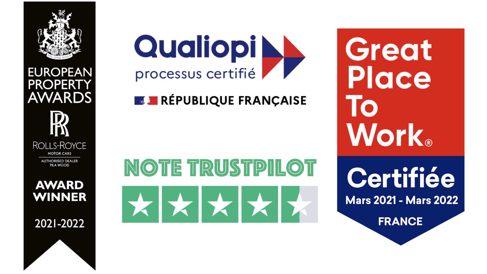 Logos Great Place To Work Qualiopi Trustpilot Sextant